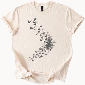 Birds in Flight Explosion Graphic Tee Black and White Art Design